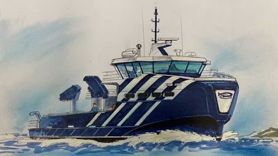 Illustrasjon av blå båt med hvite striper